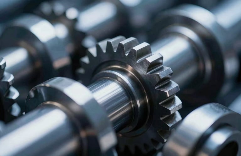 Macro photography of high-precision industrial gears and chrome machinery components, emphasizing strength and durability with deep shadows and soft metallic reflections in navy tones.