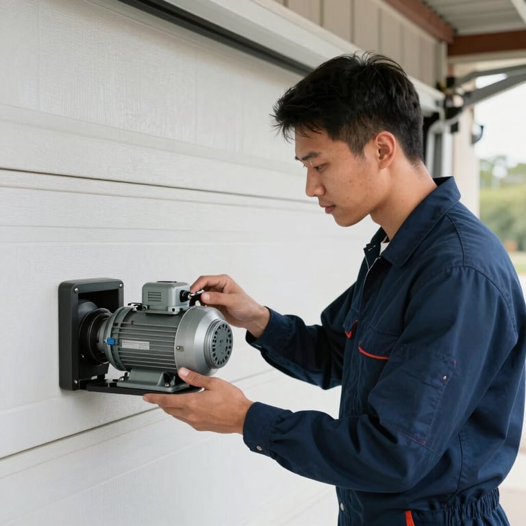 A service technician in a clean midnight blue uniform carefully inspecting the motor of an automatic garage door opener inside a well-organized US garage.