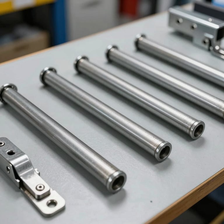 Clean, sharp photography of high-grade steel garage door rollers and heavy-duty hinges laid out on a professional light grey workbench in a US-based service center.