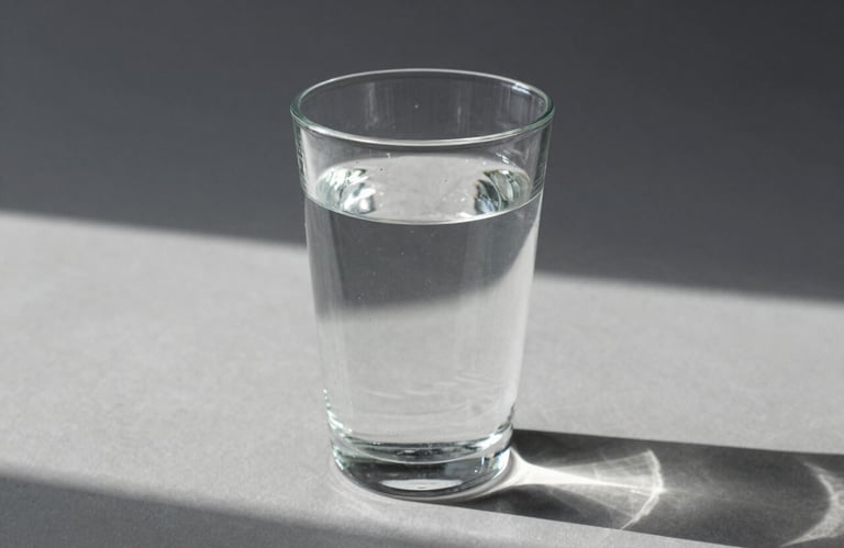 A close-up photograph of a clear glass of water on a minimalist grey surface, casting geometric shadows in a bright, airy North American studio. Symbolizing clarity and essential intent.
