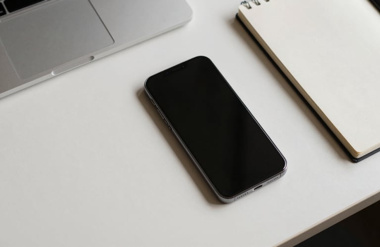 A clean, top-down photograph of a modern mobile phone on a soft off-white desk next to a notebook. The composition is professional and efficient, located in a Northern European / British home office.