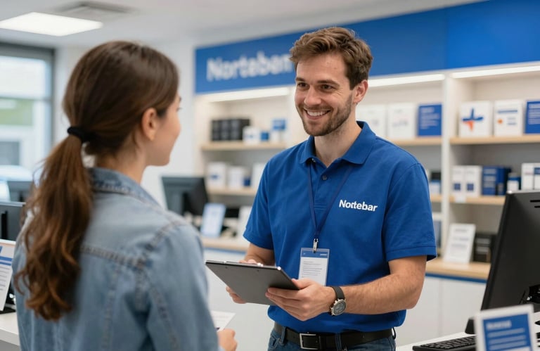 A friendly professional helping a customer in a bright, modern Northern European / British service center. The atmosphere is helpful and trustworthy, with vibrant blue branding visible.
