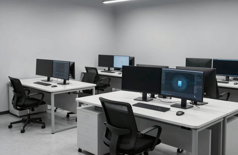 Wide photography of a clean workstation with multiple monitors, light gray walls, minimalist furniture, global / tech-savvy aesthetic, modern tech hub.