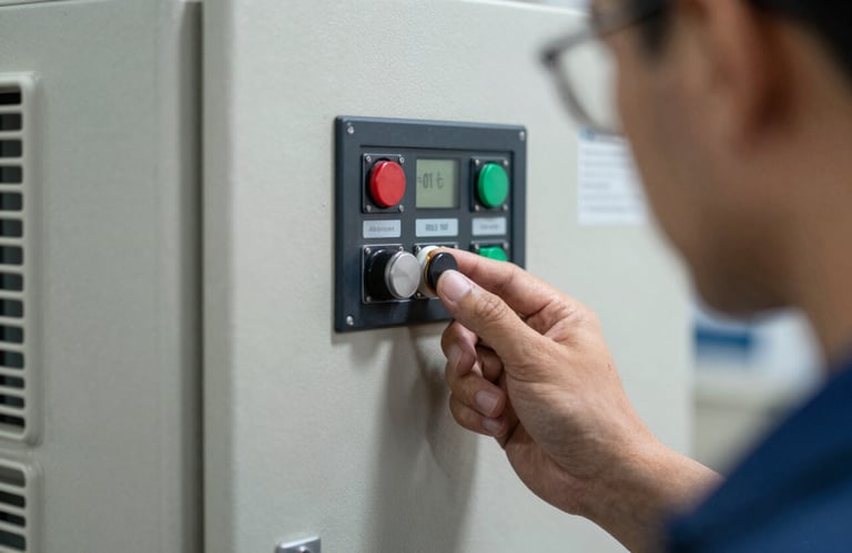 Macro photography of a technician's hand adjusting a high-tech control panel on a central air conditioning unit. The lighting is crisp, emphasizing the high-quality and reliable technology used by the service.