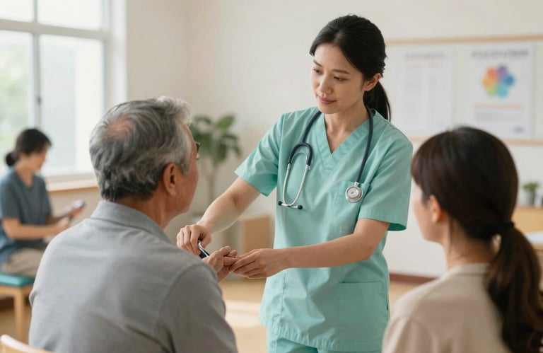 A healthcare professional in a light teal uniform helping a client with daily skill-building exercises in a bright, supportive North American community center.