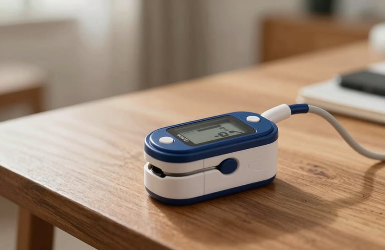 A close-up of a modern pulse oximeter and a blood glucose monitor resting on a wooden table in a well-lit North American home, representing health management.