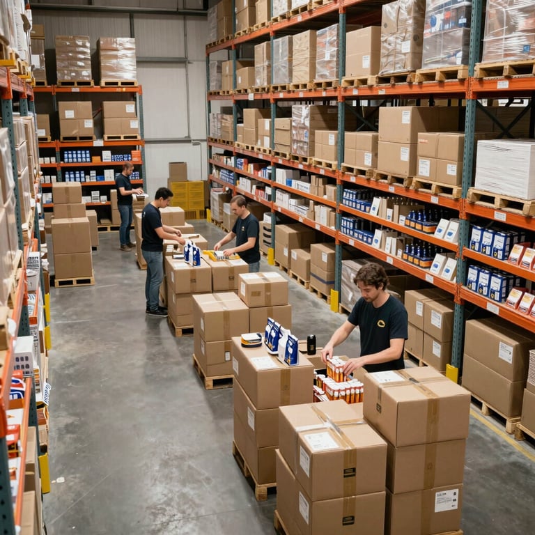 A bustling factory floor with staff operating machinery and assembly lines efficiently.