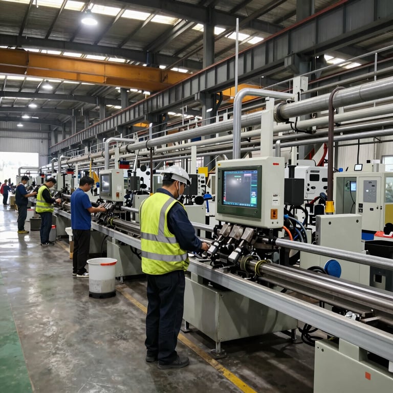 A bustling factory floor with staff operating machinery and assembly lines efficiently.