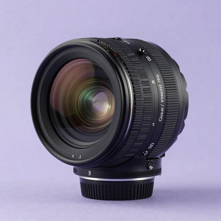 Close-up of a professional high-quality camera lens in a minimalist studio setting with soft lavender lighting, Global / International.