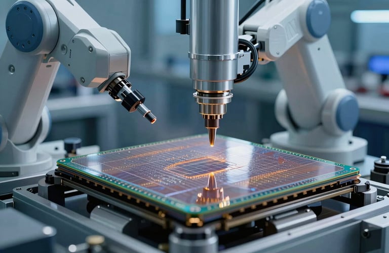 Precision macro shot of a semiconductor wafer being processed by automated robotics in a high-tech factory with Steel Blue lighting, Global / Industrial.