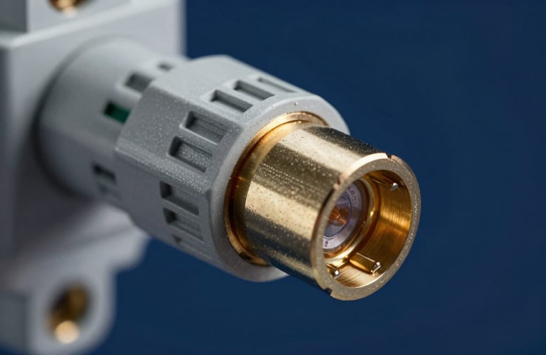 Close-up of a high-power industrial electrical connector with specialized pins, set against a dark Deep Blue background, Global / Industrial.