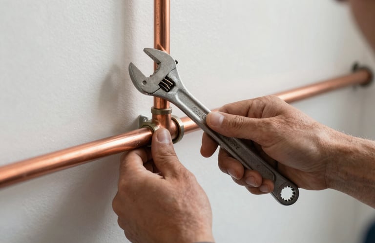A technician's hands adjusting a copper pipe with a wrench in a North American / US residential setting, focused lighting.