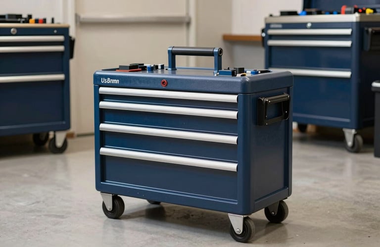 A professional toolkit with steel blue and dark midnight blue accents sitting on a clean floor in a North American / US utility room.