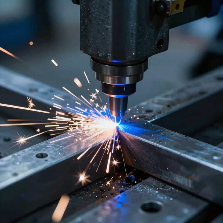 A close-up photograph of a wire cutting process in a dark industrial environment. Electric sparks illuminate the steel parts with a cool blue hue. The composition is focused and sharp, highlighting the precision of industrial engineering.