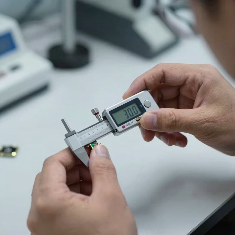 A close-up photograph of a technician in a clean laboratory setting using a digital micrometer to inspect a hardware part. The focus is on the measurement and the precision of the part, shot in a high-end, minimalist style.
