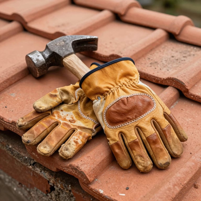 A pair of professional leather work gloves and a hammer resting on a stack of terracotta roof tiles, Western European style, warm natural lighting.