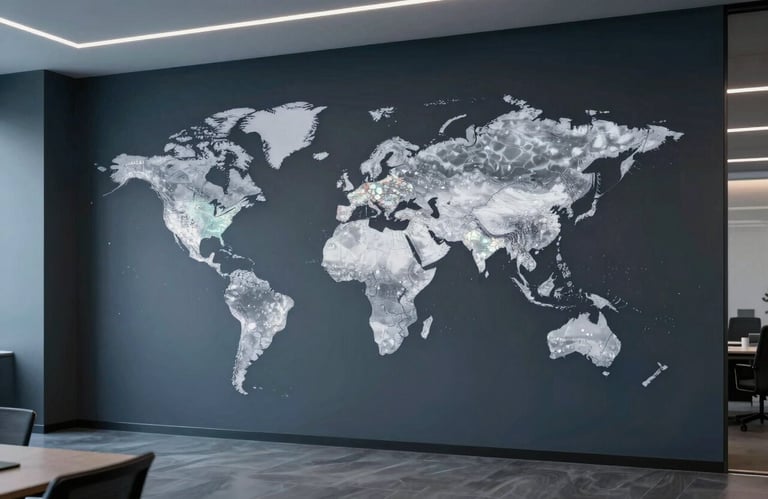 A wide-angle shot of a digital world map projected on a wall in a modern office, with muted steel blue lighting and sophisticated dark charcoal accents.