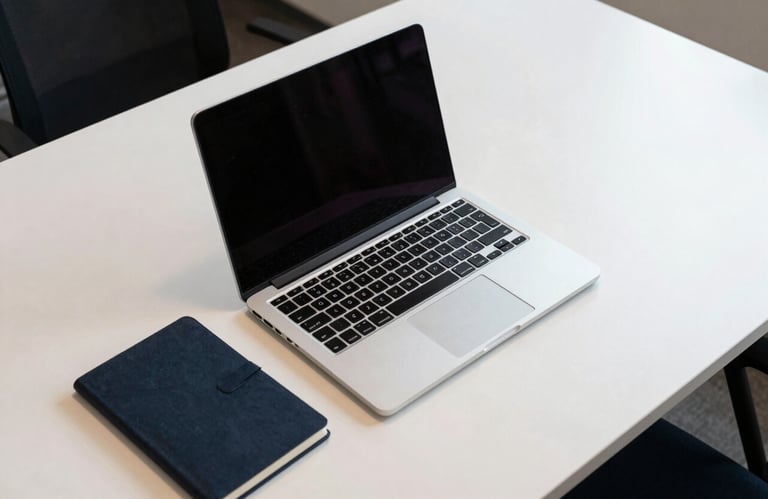 A high-angle shot of a minimalist workstation in a North American / US startup office. A silver laptop sits on a soft off-white desk next to a dark slate navy notebook, representing efficient project management.