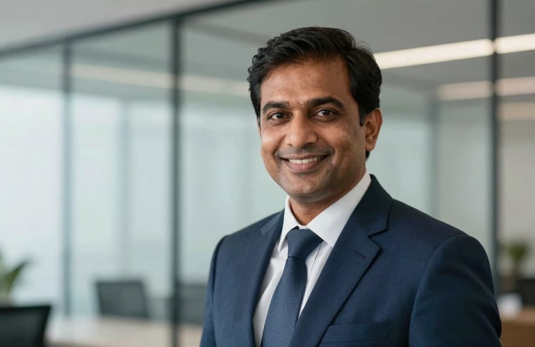 A headshot of a seasoned leader, a South Asian man in a professional navy blue suit, smiling confidently in a modern glass-walled office setting with a bright background.