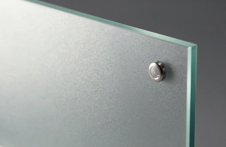 Macro photography of a high-tech glass panel with subtle light reflections in steel blue and off white, sharp focus on texture, professional studio lighting.