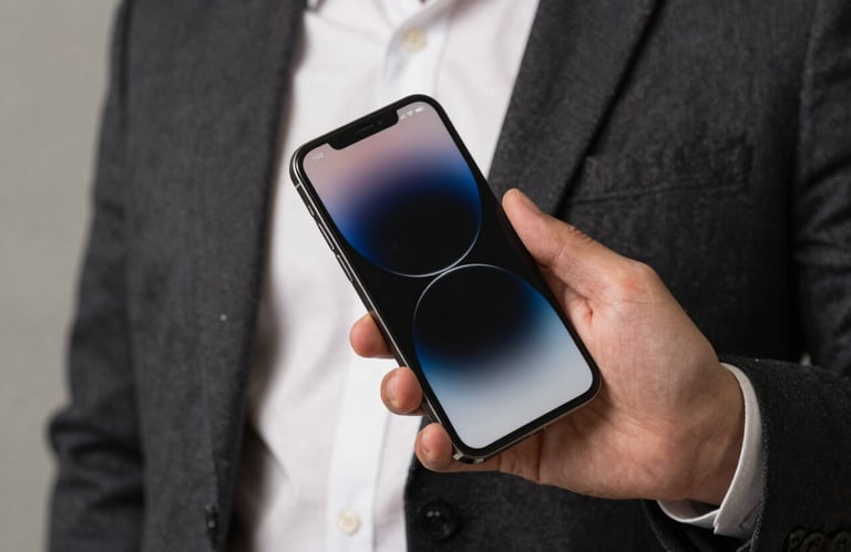 Lifestyle photography in a North American setting, showing a person in professional attire holding a sleek mobile device with a sophisticated screen display.