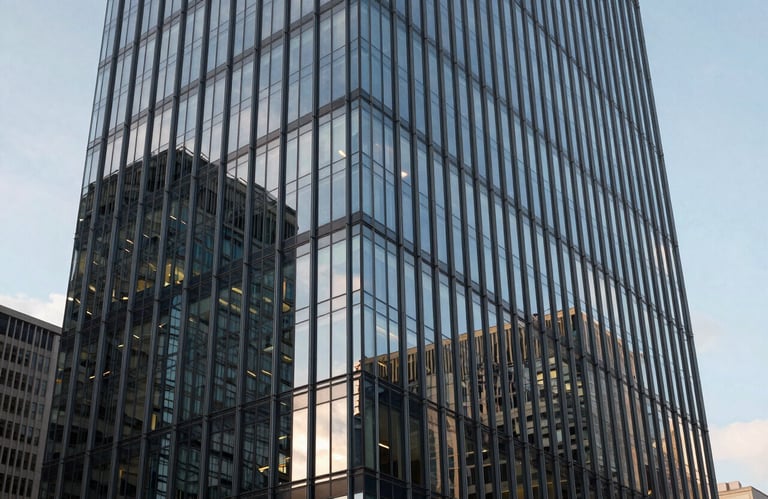 A sleek exterior shot of a modern glass office building in a North American business district reflecting a clear sky.