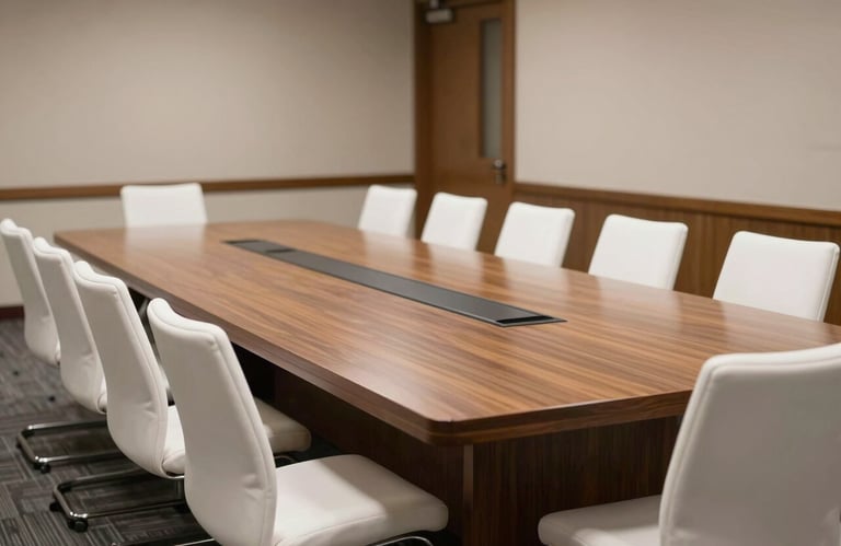 An organized conference room in a North American city with clean white chairs and a large wooden table, ready for a professional meeting.