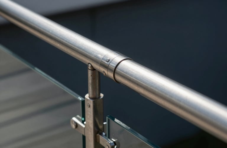 A detailed shot of polished stainless steel joints on a glass railing in a South American / Brazilian luxury apartment, showing precise craftsmanship and dark navy tones.