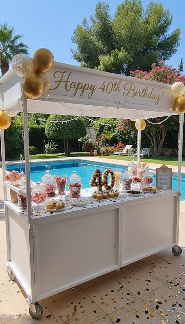 A white outdoor candy cart decorated for a 40th birthday party next to a luxury swimming pool.