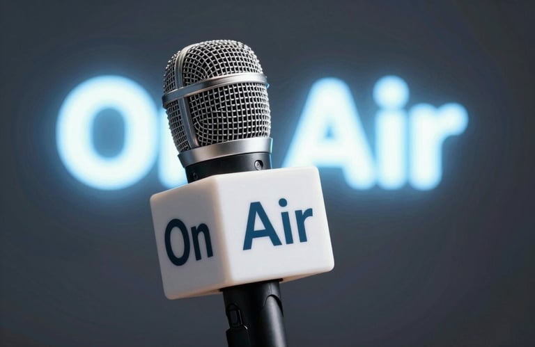 A close-up of a professional radio microphone with a 'On Air' light glowing softly in the background, using #C3D5E0 lighting accents for a fresh feel.