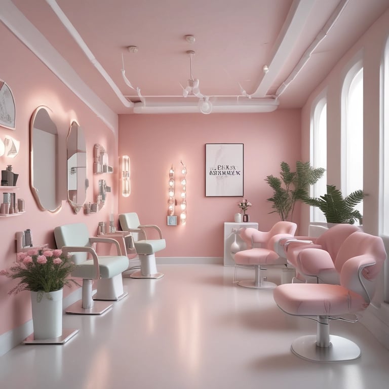 Bright and inviting aesthetic studio interior with soft pink and purple decor and golden accents.