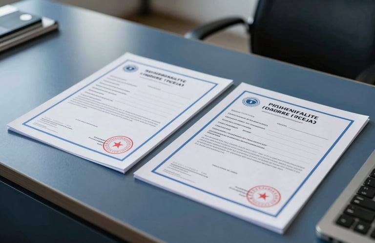 Close-up of official international quality certification stamps and documents on a professional steel blue desk in a Middle Eastern / Turkish corporate office. Sharp focus, corporate atmosphere.