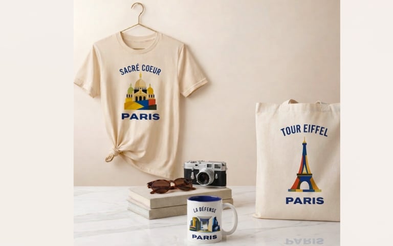 Paris souvenir collection featuring a Sacré-Coeur t-shirt, Eiffel Tower tote bag, and La Défense mug.