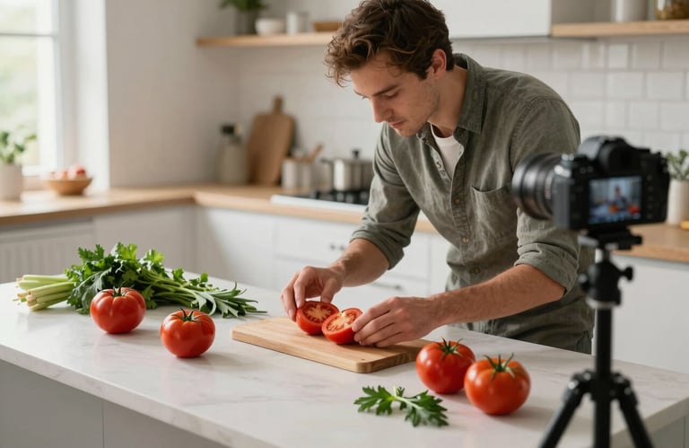 A professional content creator in a stylish, light-filled kitchen studio, meticulously arranging a flat-lay of ripe tomatoes and fresh herbs for a social media shoot.