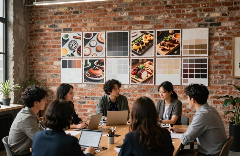 Behind-the-scenes shot of an agency meeting in a North American / European loft space, with mood boards featuring food textures and color palettes on a brick wall.