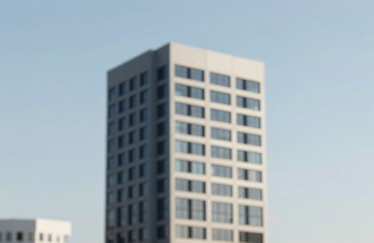 A minimalist icon-style image of a modern building structure against a clear sky, representing vision and projects. The composition uses high contrast and a palette of #1A2C3D and #F8FAFC.