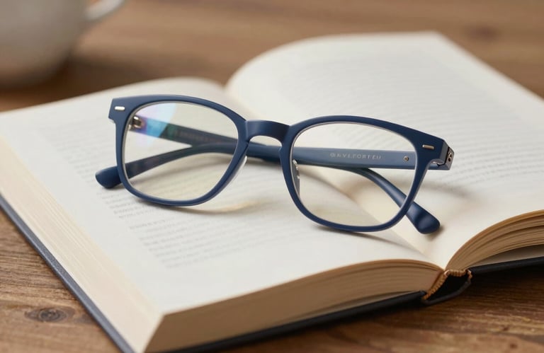 A pair of stylish glasses resting on an open book on a wooden surface, suggesting thought and insight. Soft, refined lighting highlights the brand color #BCCAD6.