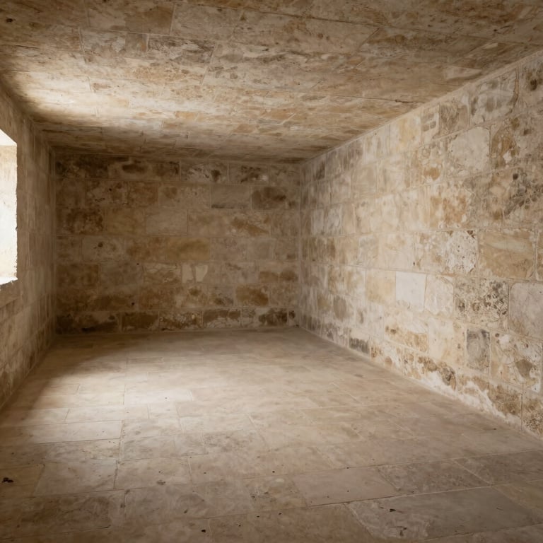 A meticulously swept and empty stone cellar in an old building in &Icirc;le-de-France. All clutter has been removed, showing only clean walls and floor. The space is well-lit and tidy, demonstrating professional clearance results.