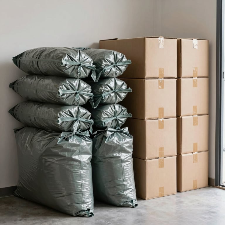 An organized stack of heavy-duty recycling bags and neatly collapsed cardboard boxes ready for transport, positioned near a clean doorway. Professional and reliable service atmosphere with neutral colors.