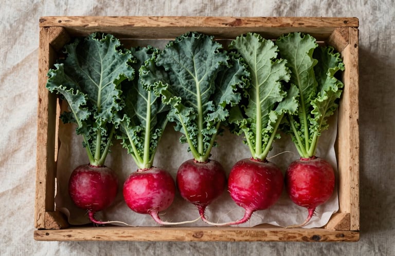 Overhead shot of a rustic wooden crate filled with vibrant organic vegetables, including matte forest green kale and deep ripe crimson radishes, sitting on a crisp parchment linen cloth.