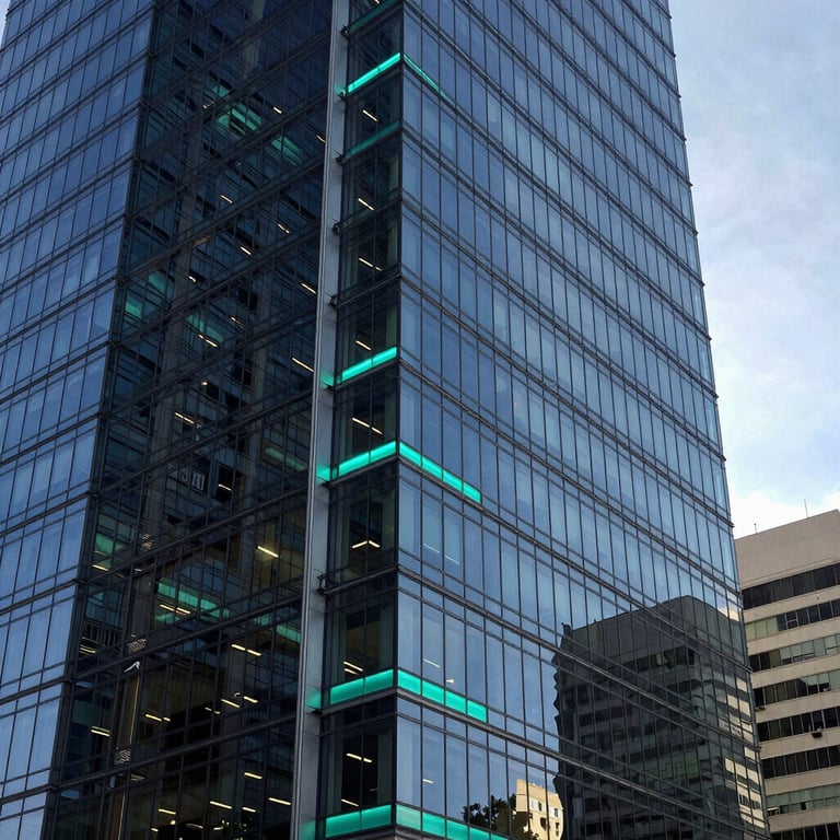 A sharp architectural detail of a futuristic tech headquarters in a South American Brazilian city, with dark blue glass and cyan accent lighting.
