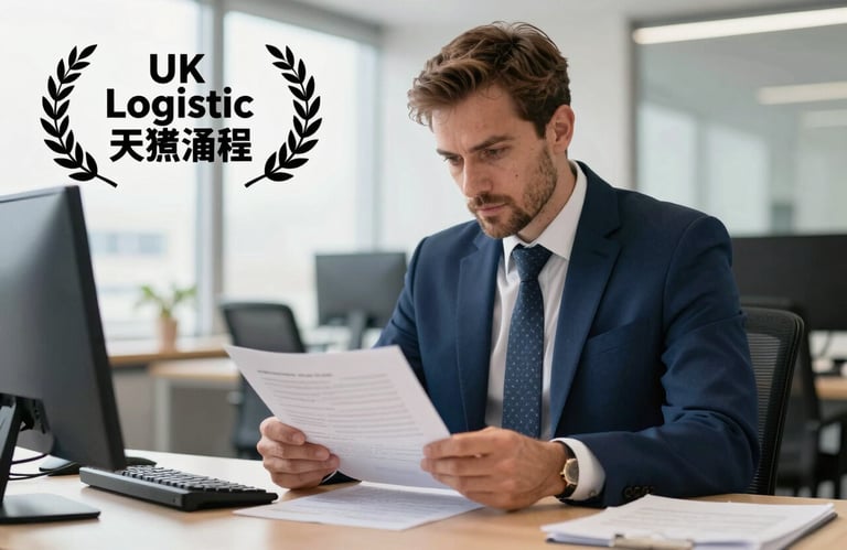 A professional logistics manager in a navy blue suit reviewing shipping documents at a desk in a bright, modern UK office.