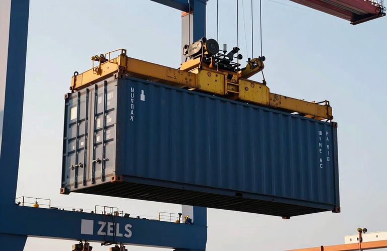 Industrial crane at the Qingdao port lifting a navy blue shipping container, shot in a professional, high-contrast style with crisp morning light.