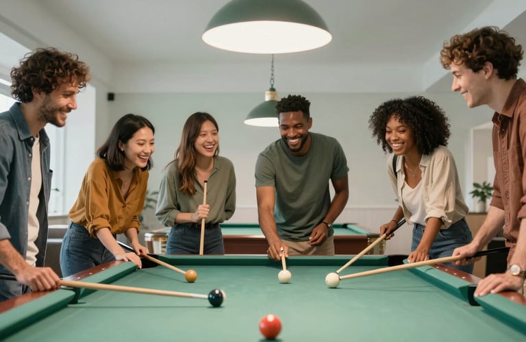 A group of diverse community members laughing and engaging in friendly competition around a pool table in a bright, modern room with sage green highlights.