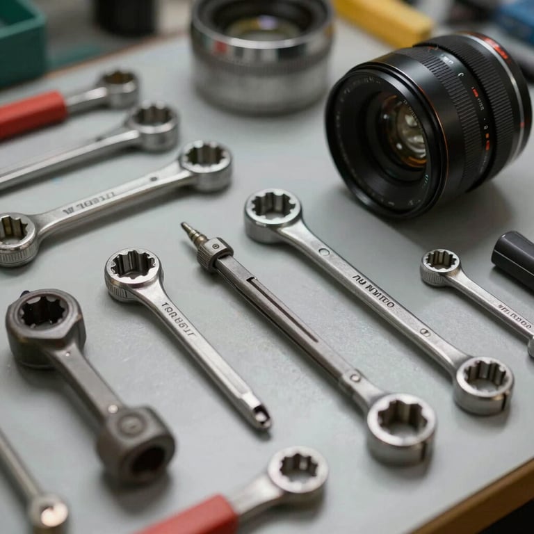 A close-up of high-quality mechanic and repair tools arranged neatly on a work surface, showcasing preparedness and technical capability.