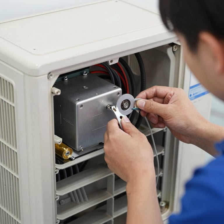 A close-up shot of a technician examining the interior components of a split air conditioning unit, ensuring dependable support.