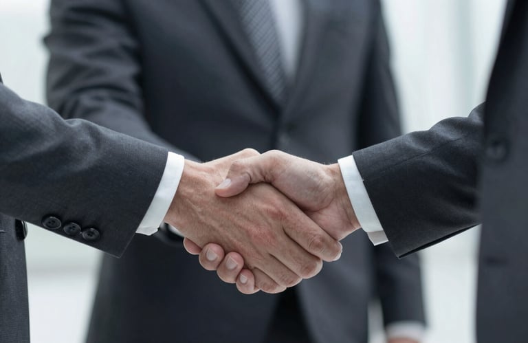 A firm handshake between two business professionals in tailored suits, focused on the connection, lighting highlighting trust.