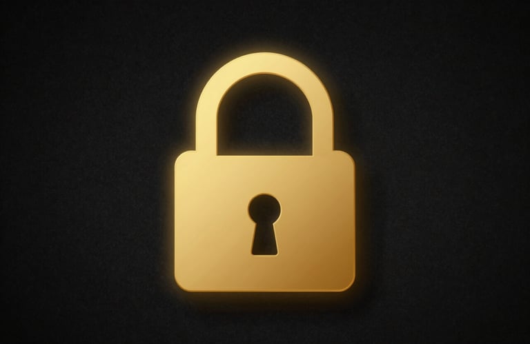 A digital padlock icon glowing in gold #C7B090 on a dark textured background, symbolizing cybersecurity and trust.