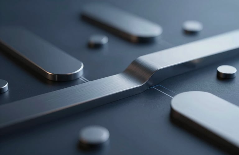 Abstract geometric shapes representing data flow and connectivity, metallic textures with #1C2E46 and #A8BECD hues, professional and technical.