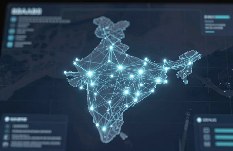 A digital map of India displayed on a sleek glass interface with glowing nodes and connection lines in #8BAABF, representing a comprehensive transport network.